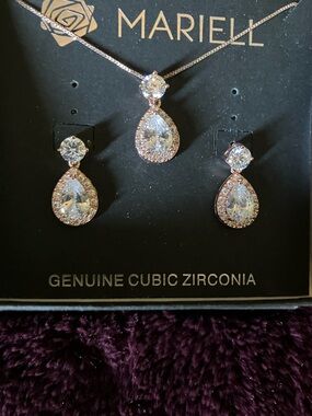 Mariell Rose Gold Teardrop Cubic Zirconia Necklace and Earrings Set - White